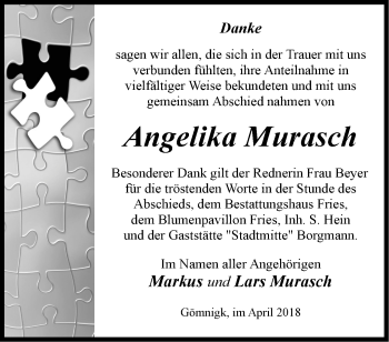 Traueranzeige von Angelika Murasch von Märkische Oderzeitung