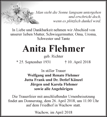 Traueranzeige von Anita Flehmer von Märkische Oderzeitung