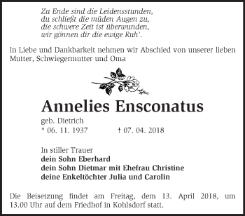 Traueranzeige von Annelies Ensconatus von Märkische Oderzeitung