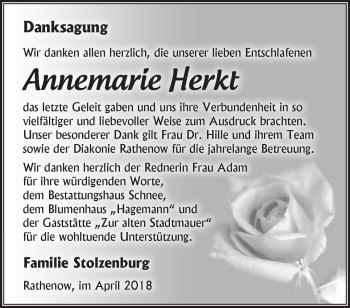 Traueranzeige von Annemarie Herkt von Märkische Oderzeitung