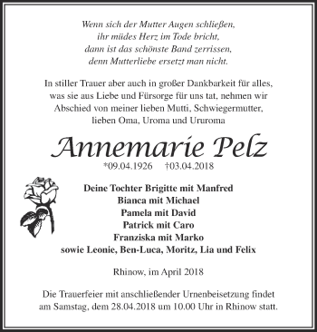 Traueranzeige von Annemarie Pelz von Märkische Oderzeitung