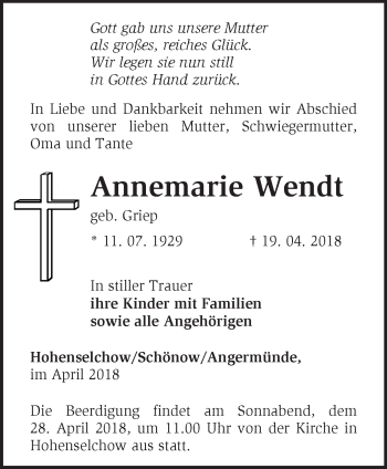 Traueranzeige von Annemarie Wendt von Märkische Oderzeitung