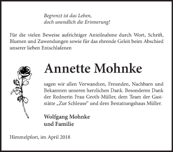 Traueranzeige von Annette Mohnke von Märkische Oderzeitung