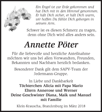 Traueranzeige von Annette Pöter von Märkische Oderzeitung