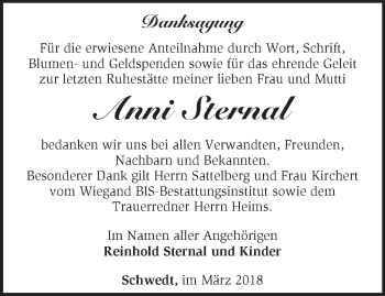 Traueranzeige von Anni Sternal von Märkische Oderzeitung