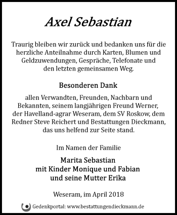 Traueranzeige von Axel Sebastian von Märkische Oderzeitung