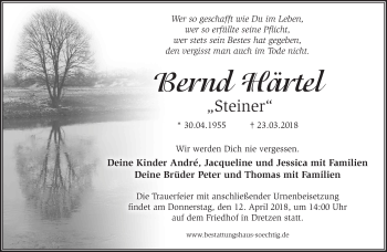 Traueranzeige von Bernd Härtel von Märkische Oderzeitung