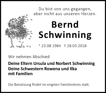 Traueranzeige von Bernd Schwinning von Märkische Oderzeitung