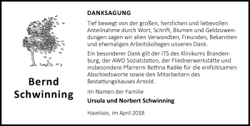 Traueranzeige von Bernd Schwinning von Märkische Oderzeitung