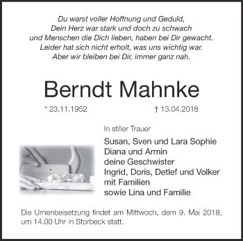 Traueranzeige von Berndt Mahnke von Märkische Oderzeitung