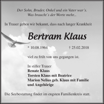 Traueranzeige von Bertram Klaus von Märkische Oderzeitung