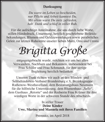 Traueranzeige von Brigitta Große von Märkische Oderzeitung