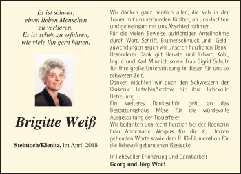 Traueranzeige von Brigitte Weiß von Märkische Oderzeitung