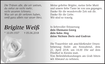 Traueranzeige von Brigitte Weiß von Märkische Oderzeitung