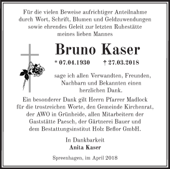 Traueranzeige von Bruno Kaser von Märkische Oderzeitung