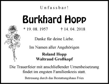 Traueranzeige von Burkhard Hopp von Märkische Oderzeitung