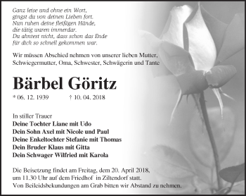 Traueranzeige von Bärbel Göritz von Märkische Oderzeitung