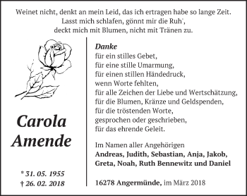 Traueranzeige von Carola Amende von Märkische Oderzeitung