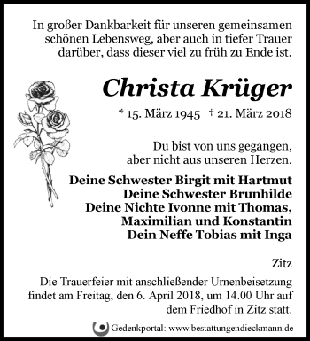 Traueranzeige von Christa Krüger von Märkische Oderzeitung