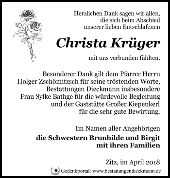 Traueranzeige von Christa Krüger von Märkische Oderzeitung