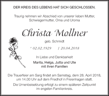 Traueranzeige von Christa Mollner von Märkische Oderzeitung