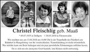 Traueranzeige von Christel Fleischlig von Märkische Oderzeitung