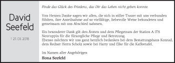 Traueranzeige von David Seefeld von Märkische Oderzeitung