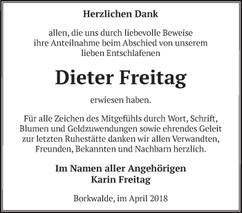 Traueranzeige von Dieter Freitag von Märkische Oderzeitung