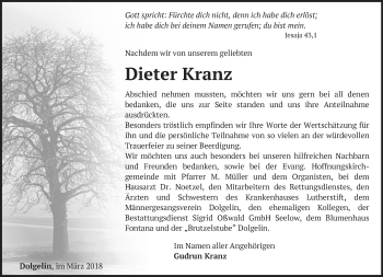 Traueranzeige von Dieter Kranz von Märkische Oderzeitung