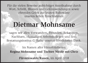 Traueranzeige von Dietmar Mohnsame von Märkische Oderzeitung