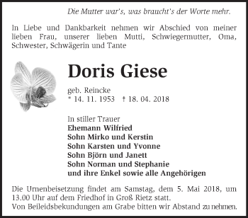 Traueranzeige von Doris Giese von Märkische Oderzeitung