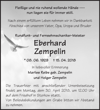 Traueranzeige von Eberhard Zempelin von Märkische Oderzeitung