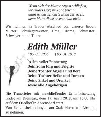 Traueranzeige von Edith Müller von Märkische Oderzeitung