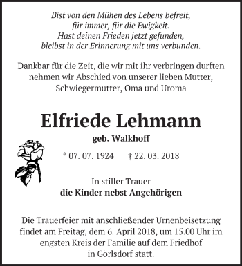 Traueranzeige von Elfriede Lehmann von Märkische Oderzeitung