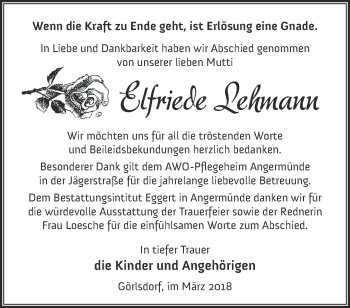 Traueranzeige von Elfriede Lehmann von Märkische Oderzeitung