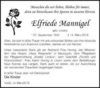 Traueranzeige von Elfriede Mannigel von Märkische Oderzeitung