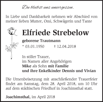 Traueranzeige von Elfriede Strebelow von Märkische Oderzeitung