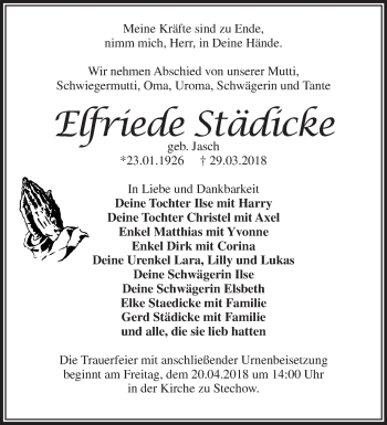 Traueranzeige von Elfriede Städicke von Märkische Oderzeitung