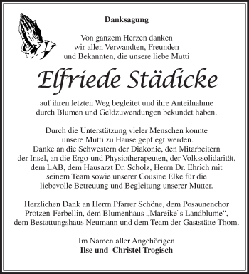 Traueranzeige von Elfriede Städicke von Märkische Oderzeitung