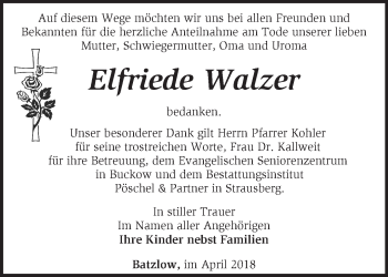 Traueranzeige von Elfriede Walzer von Märkische Oderzeitung