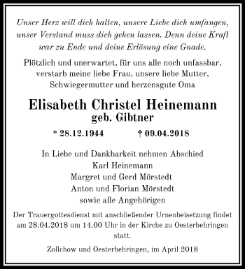 Traueranzeige von Elisabeth Christel Heinemann von Märkische Oderzeitung