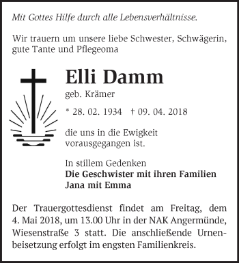 Traueranzeige von Elli Damm von Märkische Oderzeitung