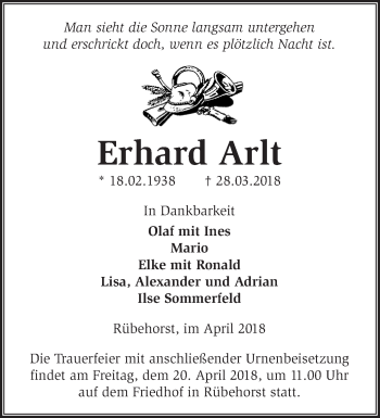 Traueranzeige von Erhard Arlt von Märkische Oderzeitung