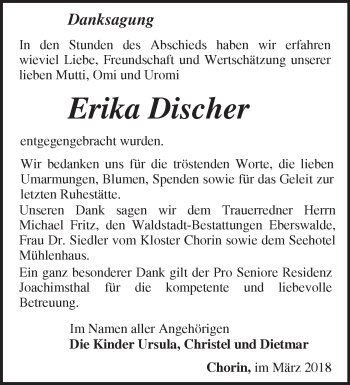 Traueranzeige von Erika Discher von Märkische Oderzeitung