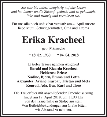 Traueranzeige von Erika Kracheel von Märkische Oderzeitung