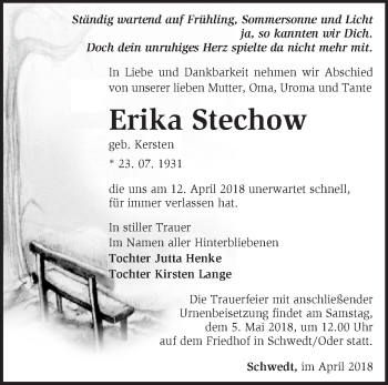 Traueranzeige von Erika Stechow von Märkische Oderzeitung