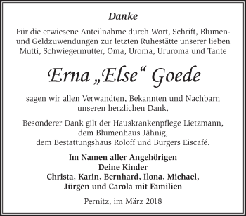 Traueranzeige von Erna  Goede von Märkische Oderzeitung