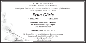 Traueranzeige von Erna Görls von Märkische Oderzeitung