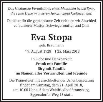 Traueranzeige von Eva Stopa von Märkische Oderzeitung