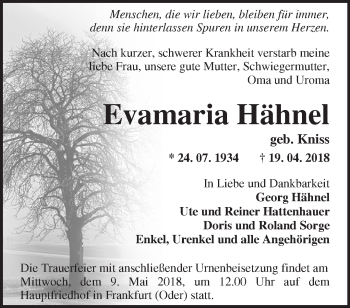 Traueranzeige von Evamaria Hähnel von Märkische Oderzeitung